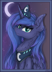 Size: 2040x2835 | Tagged: safe, artist:check3256, princess luna, alicorn, pony, crescent moon, crown, female, jewelry, looking at you, mare, moon, necklace, night, regalia, stars, transparent moon