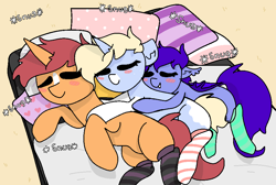 Size: 940x630 | Tagged: safe, artist:nootaz, oc, oc only, oc:amplitude, oc:game guard, oc:nootaz, bat pony, pony, unicorn, bat pony oc, bed, clothes, pillow, snuggling, socks, sound effects, striped socks