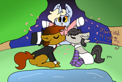 Size: 940x630 | Tagged: safe, artist:nootaz, octavia melody, oc, oc:nootaz, oc:twitchyylive, earth pony, pony, unicorn, canon x oc, clothes, female, male, mare, marriage, socks, stallion, striped socks, tuxedo, wedding