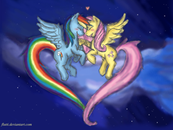 Size: 4320x3240 | Tagged: safe, artist:flutti, fluttershy, rainbow dash, pegasus, pony, female, flutterdash, flying, heart, lesbian, night, shipping