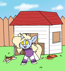 Size: 650x710 | Tagged: safe, artist:nootaz, oc, oc:nootaz, dog, pony, unicorn, backyard, cheetos, clothes, corgi, female, filly, flamin' hot cheetos, house, sweater