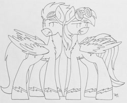 Size: 600x486 | Tagged: safe, artist:dandelionfrost137, derpibooru import, rainbow dash, soarin', pegasus, pony, female, male, monochrome, shipping, soarindash, straight, wonderbolts