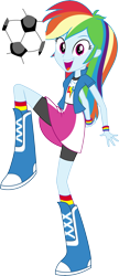 Size: 6184x14328 | Tagged: safe, artist:sugar-loop, derpibooru import, rainbow dash, equestria girls, .ai available, .svg available, absurd resolution, ball, boots, clothes, compression shorts, football, looking at you, open mouth, rainbow socks, simple background, skirt, socks, solo, striped socks, transparent background, vector, wristband