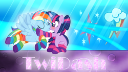 Size: 1920x1080 | Tagged: safe, artist:nightmaremoons, rainbow dash, twilight sparkle, pegasus, pony, blushing, clothes, female, kissing, lesbian, shipping, socks, twidash, wallpaper