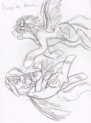 Size: 1280x1724 | Tagged: safe, artist:enigmaticfrustration, rainbow dash, spitfire, oc, pegasus, pony, female, male, mare, offspring, parent:rainbow dash, parent:spitfire, parents:spitdash, pencil drawing, shipping, sketch, spitdash, stallion, straight, traditional art, trans boy, trans stallion rainbow dash, transgender