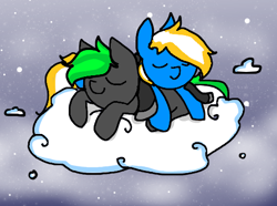 Size: 476x355 | Tagged: safe, artist:nootaz, oc, oc only, oc:bytewave, oc:goldie, pegasus, pony, cloud, cute, sky, sleeping, snuggling