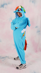 Size: 900x1594 | Tagged: safe, rainbow dash, human, clothes, cosplay, hoodie, irl, irl human, pajamas, photo, solo