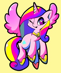 Size: 1204x1441 | Tagged: safe, artist:asg5528, princess cadance, alicorn, pony, cute, cutedance, female, jewelry, mare, one eye closed, regalia, simple background, solo, wink, yellow background