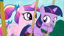 Size: 1669x940 | Tagged: safe, screencap, princess cadance, twilight sparkle, unicorn twilight, alicorn, pony, unicorn, a canterlot wedding, cropped, cute, duo, female, filly, filly twilight sparkle, open mouth, smiling, swing, younger