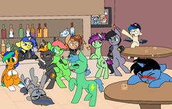 Size: 1900x1200 | Tagged: safe, artist:nootaz, oc, oc only, oc:naarkerotics, oc:nightglider, oc:sour grapes, oc:spellsword, bat pony, pegasus, pony, unicorn, bar, blushing, commission, drunk, hhh, smug