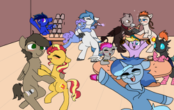 Size: 1900x1200 | Tagged: safe, artist:nootaz, sunset shimmer, oc, oc:brisk, oc:conicaw, oc:magmatic, bat pony, changeling, earth pony, griffon, hippogriff, pegasus, pony, unicorn, bar, blushing, canon x oc, clothes, commission, drunk, drunker shimmer, fixed, hhh, hoodie, socks