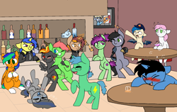 Size: 1900x1200 | Tagged: safe, artist:nootaz, oc, oc only, oc:flamboyant, oc:lex rudera, oc:sour grapes, bar, commission, drunk, fixed, hhh