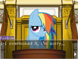 Size: 256x192 | Tagged: safe, rainbow dash, pegasus, pony, ace attorney, courtroom, parody, solo, trial, witness stand