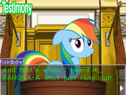 Size: 256x192 | Tagged: safe, rainbow dash, pegasus, pony, ace attorney, courtroom, solo, testimony, trial, witness stand