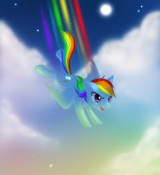 Size: 2192x2391 | Tagged: safe, artist:jacky-bunny, rainbow dash, pegasus, pony, cloud, flying, moon, night, night sky, open mouth, rainbow trail, sky, solo, spread wings, starry night, wings