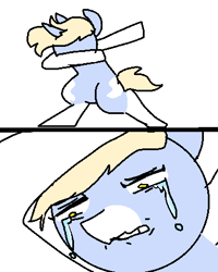 Size: 368x460 | Tagged: safe, artist:nootaz, oc, oc only, oc:nootaz, pony, semi-anthro, unicorn, 2 panel comic, bipedal, comic, crying, dab, female, gritted teeth, looking down, mare, meme, messy hair, sad, sad dab, simple background, solo, teary eyes, teeth, wavy mouth, white background, wide eyes