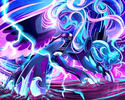 Size: 3276x2621 | Tagged: safe, artist:jadedjynx, princess luna, alicorn, pony, angry, badass, color porn, crown, eyestrain warning, glowing eyes, hoof shoes, jewelry, magic, regalia, solo, spread wings, wings