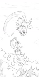 Size: 1024x2020 | Tagged: safe, derpibooru import, fluttershy, rainbow dash, pegasus, pony, black and white, cloud, duo, flying, grayscale, looking at each other, monochrome, sitting, sky