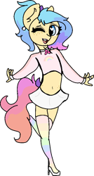 Size: 510x948 | Tagged: safe, artist:nootaz, oc, oc:serenity heart, anthro, earth pony, belly button, crossdressing, cute, eyeshadow, femboy, makeup, male, midriff, one eye closed, simple background, solo, transparent background, wink