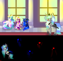 Size: 5900x5700 | Tagged: safe, artist:lunarvoidangel3018, princess cadance, princess celestia, princess luna, oc, oc:akira, alicorn, pony, female, looking at each other, story included