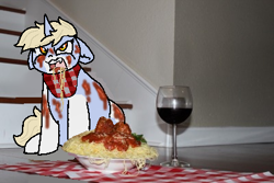 Size: 400x267 | Tagged: safe, artist:nootaz, oc, oc only, oc:nootaz, pony, floppy ears, food, glass, irl, pasta, photo, ponies in real life, solo, spaghetti, stairs, wine glass