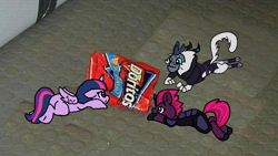 Size: 800x450 | Tagged: safe, artist:nootaz, storm king, tempest shadow, twilight sparkle, twilight sparkle (alicorn), alicorn, pony, my little pony: the movie, chips, commission, doritos, food, irl, photo, ponies in real life