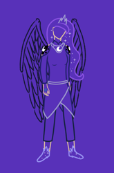 Size: 932x1408 | Tagged: safe, alternate version, artist:cyril_deroach, derpibooru exclusive, princess luna, human, alternative cutie mark placement, cutie mark, cutie mark on human, humanized, lineart, simple background, solo, winged humanization, wings