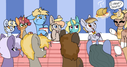 Size: 1780x940 | Tagged: safe, artist:nootaz, oc, oc:blank space, oc:chocolate turnover, oc:game guard, oc:mudslide, oc:nootaz, oc:nora swirl, oc:seafoam breeze, oc:spear line, oc:steam sheild, oc:sugarcube, oc:waffle line, cooked, dead, food, gametaz, holiday, ponies eating meat, thanksgiving, turkey