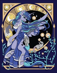 Size: 944x1200 | Tagged: safe, artist:the-paper-pony, princess luna, tiberius, alicorn, pony, beautiful, clothes, cute, dress, female, lunabetes, mare, modern art, moon, night, nouveau, spread wings, stars, wings