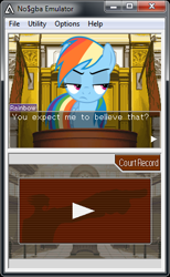 Size: 286x465 | Tagged: safe, rainbow dash, pegasus, pony, ace attorney, court, no$gba, trial