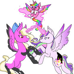 Size: 1600x1600 | Tagged: safe, artist:nootaz, oc, oc only, oc:prince bloodshed, oc:princess collective, oc:queen mary sue, alicorn, changeling, changeling queen, alicorn oc, baby, changeling queen oc, donut steel, foal, glowing horn, rainbow hair, rearing, simple background, transparent background