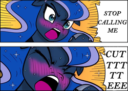 Size: 960x685 | Tagged: artist needed, safe, edit, editor:childofthenight, princess luna, alicorn, pony, angry, blushing, comic, crossing the memes, cute, dialogue, eyes closed, female, floppy ears, frown, glare, i'm not cute, mare, meme, open mouth, solo, sweat, tsundere, wide eyes, yelling