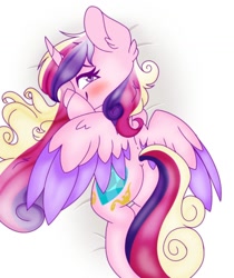 Size: 1254x1490 | Tagged: safe, artist:jup1t3r, princess cadance, alicorn, pony, adorasexy, blushing, body pillow, body pillow design, cute, cutedance, ear fluff, female, mare, plot, princess, profile, prone, sexy, solo, spread wings, two toned wings, wing fluff, wings