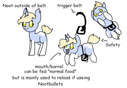 Size: 955x661 | Tagged: safe, artist:nootaz, oc, oc only, oc:nootaz, oc:nootgun, pony, unicorn, arrow, belt, c:, chibi, cute, female, gun, mare, no pupils, ocbetes, open mouth, pony gun, reference sheet, simple background, smiling, solo, standing, text, transparent background, trigger, wat, weapon, weapony