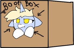 Size: 365x237 | Tagged: safe, artist:nootaz, oc, oc only, oc:nootaz, pony, unicorn, arrow, arrows, boop box, box, cardboard box, cute, female, floppy ears, frown, lidded eyes, mare, ocbetes, peeking, pony in a box, prone, simple background, solo, transparent background, unamused, upset