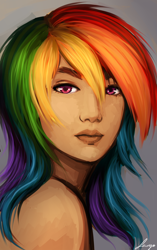 Size: 1000x1589 | Tagged: safe, artist:lady-largo, derpibooru import, rainbow dash, human, bust, humanized, portrait, solo