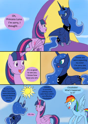 Size: 1000x1404 | Tagged: safe, artist:emilou1985, princess luna, rainbow dash, twilight sparkle, twilight sparkle (alicorn), alicorn, pegasus, pony, comic:signs, comic, pregnant, sun