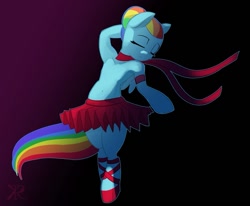 Size: 1119x921 | Tagged: safe, artist:raikoh, rainbow dash, pegasus, pony, abstract background, alternate hairstyle, ballerina, ballet, belly button, bipedal, clothes, eyes closed, female, mare, rainbow dash always dresses in style, rainbowrina, solo, tutu