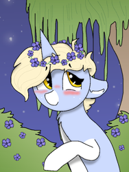 Size: 630x840 | Tagged: safe, artist:nootaz, oc, oc only, oc:nootaz, pony, unicorn, blushing, cute, female, floppy ears, floral head wreath, flower, freckles, mare, night, nootabetes, nootaz is trying to murder us, ocbetes, periwinkle (flower), raised hoof, smiling, solo, tree