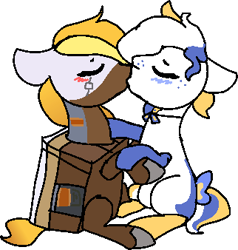 Size: 322x338 | Tagged: safe, artist:nootaz, oc, oc:looty, oc:tide, food pony, pony, female, kissing, lesbian, loot box, oc x oc, ponified, shipping, simple background, tide pony, transparent background