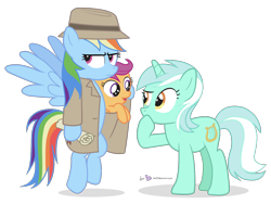 Size: 1300x975 | Tagged: safe, artist:dm29, lyra heartstrings, rainbow dash, scootaloo, pegasus, pony, clothes, coat, hat, scroll, simple background, transparent background, trenchcoat, trio