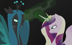 Size: 4000x2500 | Tagged: safe, artist:nekosammsi, princess cadance, queen chrysalis, alicorn, changeling, changeling queen, pony, black background, crown, female, horn, hypnosis, jewelry, lineless, magic, mare, mind control, open mouth, regalia, simple background, subdance, tiara, wings