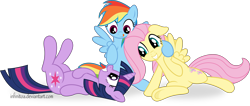 Size: 9698x4124 | Tagged: safe, artist:infinitoa, fluttershy, rainbow dash, twilight sparkle, pegasus, pony, absurd resolution, boop, flutterdash, flutterdashtwi, on back, shipping, sitting, tongue out, twidash, vector