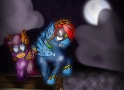 Size: 1024x745 | Tagged: safe, artist:talentlessash, rainbow dash, scootaloo, pegasus, pony, batman, superhero