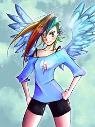 Size: 900x1200 | Tagged: safe, artist:jasminator, rainbow dash, humanized, solo, winged humanization