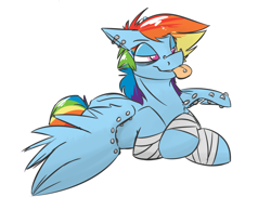 Size: 1000x777 | Tagged: safe, artist:cider, rainbow dash, pegasus, pony, :p, bandage, bedroom eyes, ear piercing, floppy ears, fractured loyalty, piercing, prone, smiling, solo, spread wings, tongue out, tongue piercing, wing piercing