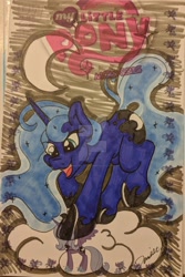 Size: 1024x1530 | Tagged: safe, artist:demise-the-art-demon, idw, princess luna, alicorn, pony, cloud, cover, folded wings, solo, traditional art, watermark