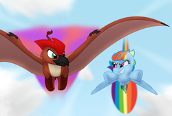 Size: 1197x810 | Tagged: safe, artist:faith-wolff, derpibooru import, rainbow dash, griffon, pegasus, pony, fanfic:the bridge, crossover, duo, female, flying, godzilla (series), griffonized, kaiju griffon, male, mare, race, rainbow trail, rodan, rodash, species swap, speed trail