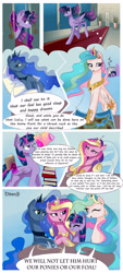 Size: 1352x3000 | Tagged: safe, artist:xjenn9fusion, princess cadance, princess celestia, princess luna, twilight sparkle, twilight sparkle (alicorn), oc, oc:queen galaxia, alicorn, pony, comic:fusing the fusions, comic:time of the fusions, alicorn oc, alicorn tetrarchy, book, bookstack, canterlot, canterlot castle, carpet, chair, coffee, coffee mug, comic, commissioner:bigonionbean, concerned, confused, crown, curls, determination, dialogue, discussion, doors, flowing hair, flowing mane, flowing tail, fusion, fusion:queen galaxia, group hug, hallway, hospital, hug, internal conflict, jewelry, magic, map, merchandising, mug, night, red carpet, regalia, royal family, royalty, steam, table, talking to herself, thinking, thought bubble, trotting, writer:bigonionbean