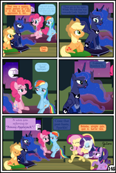 Size: 3254x4837 | Tagged: safe, artist:gutovi, applejack, fluttershy, pinkie pie, princess luna, rainbow dash, rarity, twilight sparkle, twilight sparkle (alicorn), alicorn, earth pony, pegasus, pony, unicorn, comic:why me!?, bed, broken window, comic, cushion, faic, mane six, mare in the moon, moon, smug, smugdash, sofa